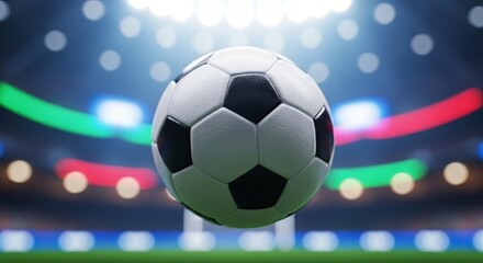 Fototapeta premium A soccer ball hovers in the air above the green field, with stadium lights shining in the background