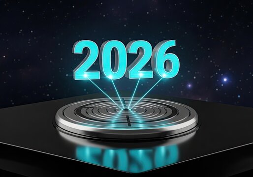 Welcome 2026 with futuristic technology on a pedestal stage