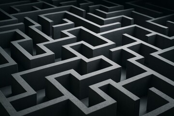 Abstract dark geometric maze pattern with soft light reflections creating dramatic depth and complexity on a minimal background surface. Ai generative
