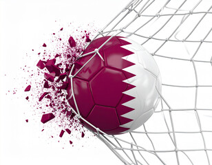 Soccer ball with Qatar flag breaking through net explosion