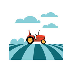 A cartoon vector illustration of an agricultural farm tractor with a trailer, a machine design for transportation and delivery