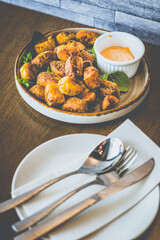 Gnocco Fritto Deep fried gnocchi stuffed with spicy beef, ricotta cheese with Sriracha mayo sauce