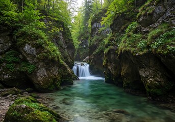 Enchanting waterfall cascading down rocky cliffs within a lush green forest canyon