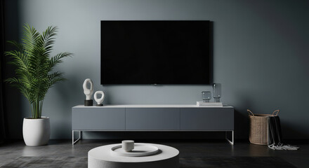 Modern Living Room with TV and Plant A Stylish Interior Design Featuring a Flat Screen Television and Greenery for a Contemporary Home Decor