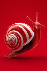 A vibrant red background showcases a glossy, striped snail, highlighting its unique shell and movement