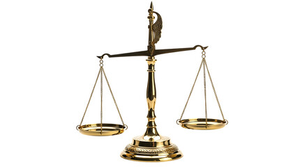 Golden scale of justice isolated on transparent background, symbolizing fairness, law, and balance in legal and judicial matters, ideal for legal themes