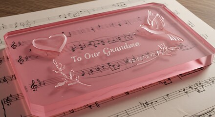 Elegant memorial keepsake featuring music notes, dove, heart, and sentimental inscription for