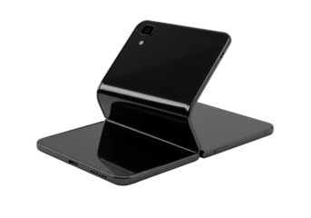 Sleek, modern black foldable smartphone dynamically mid-unfold in a professional studio, matte black finish contrasting hyper-reflective screen, transparent background, soft shadow, concept of
