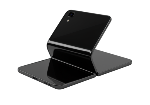 Sleek, modern black foldable smartphone dynamically mid-unfold in a professional studio, matte black finish contrasting hyper-reflective screen, transparent background, soft shadow, concept of - Powered by Adobe