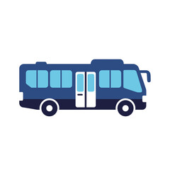 Illustration of a blue and white bus with windows and wheels.