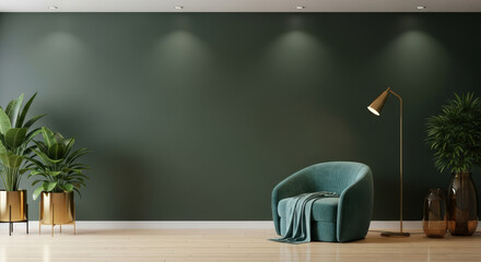 Sophisticated Living Room with Dark Green Wall, Plush Armchair, and Stylish Floor Lamp Creating a Cozy and Inviting Space for Relaxation and Reading