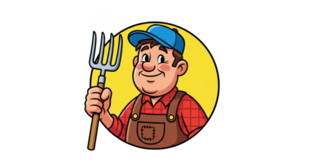 Smiling farmer proudly holding pitchfork