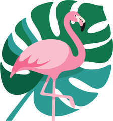 Minimal Pink Flamingo and Monstera Leaf Flat Vector Illustration – Modern Tropical Bird Art Isolated