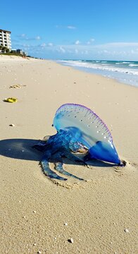 Exotic Portuguese Man o' War washing ashore on sunny beach sands