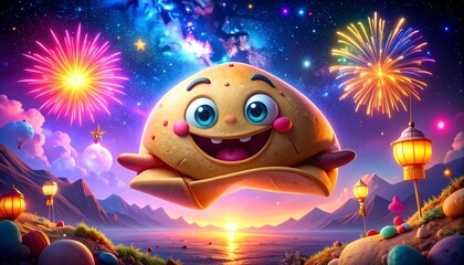 Obraz premium Cheerful anthropomorphic food character enjoys festive fireworks display