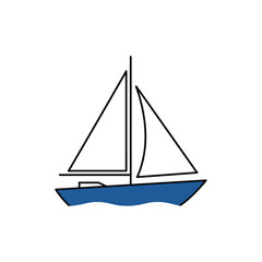 Simple line art illustration of a sailboat with white sails and a blue hull on water, depicting a classic nautical vessel.