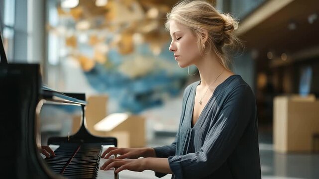 female pianist performing at art museum surrounded by modern installations echoing sound cultural fusion three quarter wide angle cinematic color correction gentle backlight