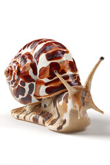 A close-up view of a beautifully patterned snail shell resting on a smooth surface