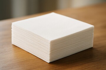 Stack of clean white paper napkins on wooden table in close-up view as mockup template for branding or presentation layout scene concept. Ai generative