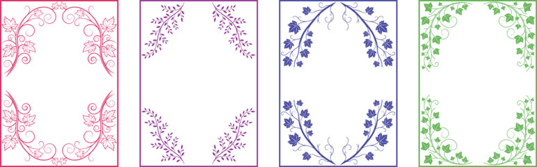 Colorful decorative floral frame border collection in green, red, purple, and orange. Elegant ornament design perfect for invitations, greeting cards, and decorative templates. Stylish botanical 