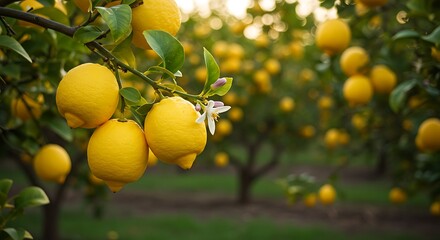 Ripe yellow lemons hanging on a branch with delicate white blossoms in a sun-drenched orchard