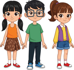 Cartoon children standing together, diverse outfits, happy expressions, character design, kids illustration, friendship theme, colorful clothing, unity concept, drawing