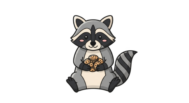 Smiling raccoon holding cookies