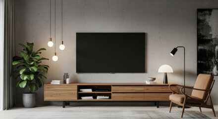 Modern Living Room with Concrete Wall, Large Television, Wooden Cabinet, and Lush Green Plant Creating a Stylish and Comfortable Entertainment Space