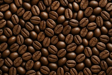 Fototapeta premium Close-up view of roasted coffee beans tightly packed together in a seamless pattern on dark background, realistic style, food texture concept. Ai generative