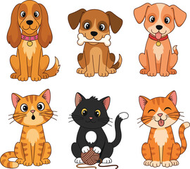 Cartoon pet illustration, cute dogs and cats, playful animal characters, colorful design, expressive poses, educational graphic, entertainment asset, vector template