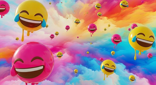 Joyful emoji balloons float amidst a vibrant rainbow cloudscape, spreading happiness and laughter all around - Powered by Adobe