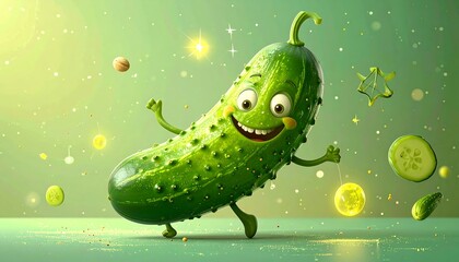 Naklejka premium Cheerful cartoon cucumber character dancing in vibrant illuminated environment