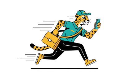 Speedy cheetah delivering with phone and bag