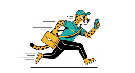 Speedy cheetah delivering with phone and bag
