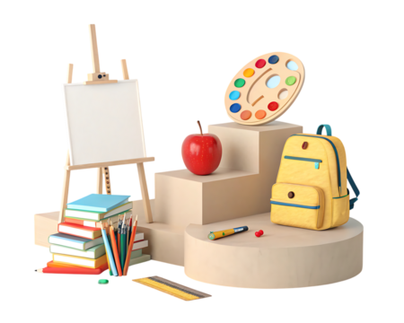 School supplies arrangement isolated on transparent background with vibrant colors