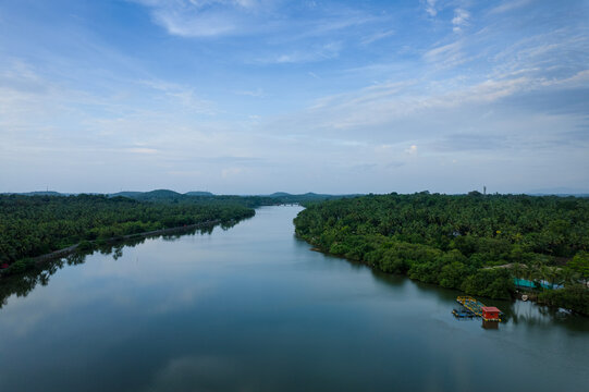 Aerial drone view of the Kerala backwaters, beautiful nature landscape scenery from Kannur