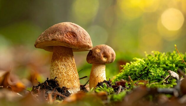 Two mushrooms in forest floor