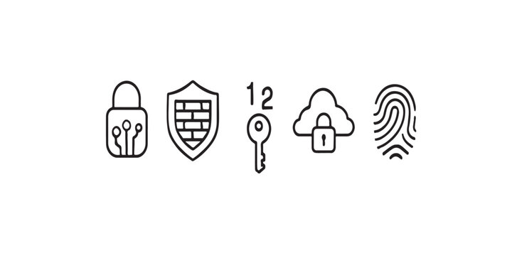 Print   Minimalist line art icons for cybersecurity essentials. Features an encrypted lock, firewall shield, two-factor authentication key, secure server cloud, and biometric fingerprint. 