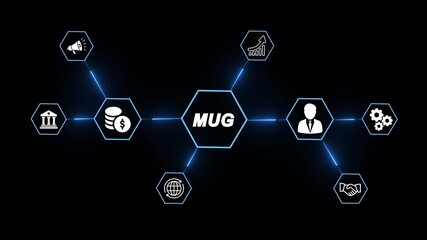 Business concept network connecting financial growth marketing management global reach and partnership with central M U G text on dark background animated glowing lines - Powered by Adobe