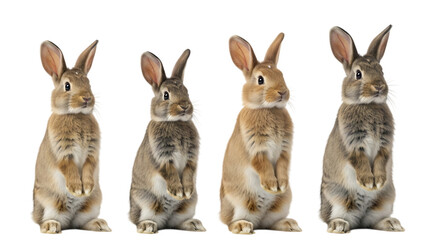 Four cute rabbits isolated on transparent background, adorable and fluffy creatures, symbol of spring, easter, and new beginnings, standing upright