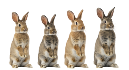 Four cute rabbits isolated on transparent background, adorable and fluffy creatures, symbol of spring, easter, and new beginnings, standing upright