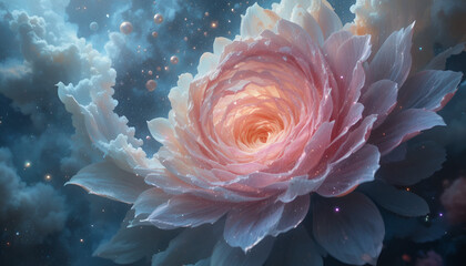 A dreamy flower with soft pink petals and a glowing center in a cloudscape