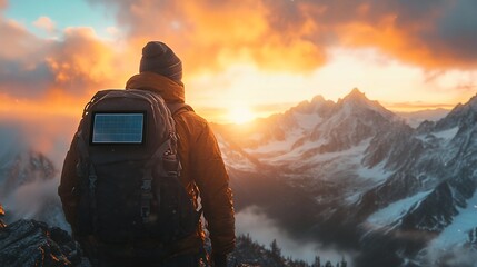 Hiker sunset mountains solar backpack adventure