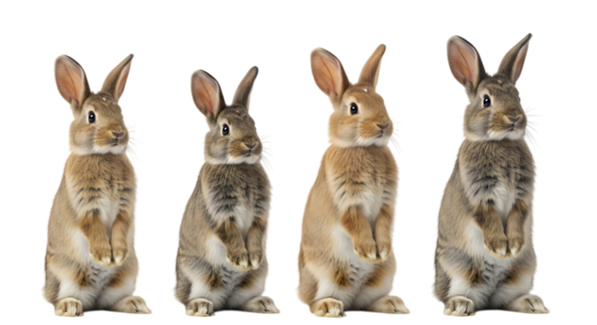 Four cute rabbits isolated on transparent background, adorable and fluffy creatures, symbol of spring, easter, and new beginnings, standing upright