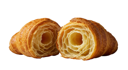 A single, perfectly baked, golden-brown croissant, torn, revealing warm, rich, buttery, airy layered interior with subtle steam, on transparent. Concept of gourmet food photography.