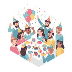 Fototapeta premium Cheerful friends celebrating birthday with cake, balloons, and gifts at fun party, creating lasting memories and spreading joy among loved ones