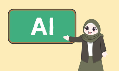 Background of female teacher character and blackboard, artificial intelligence. AI modern flat style color vector illustration.