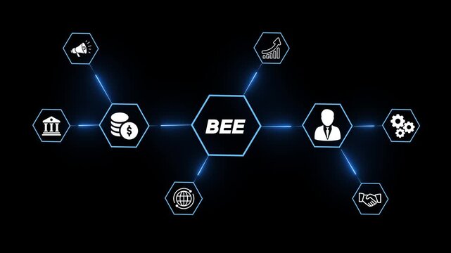 Business network diagram with B E central text and icons for finance growth marketing global connections teamwork and corporate structure animated with glowing blue lines on black background