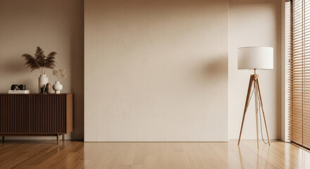 Modern Living Room Interior with Wooden Cabinet and Tripod Floor Lamp A Stylish and Minimalist Design Featuring a Textured Wall and Blinds for a Warm and Inviting Space
