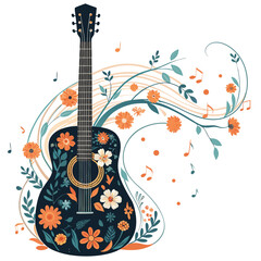 A guitar decorated with flowers and musical notes.